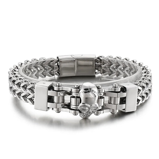 KALEN Punk Fine Jewelry Fashion Bracelets Men Stainless Steel Skull Berringbone Links Bracelet Bangle