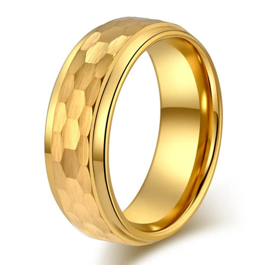 REBEL Men's 8mm Tungsten Carbide Ring Hammered Finish 18K Gold Plated Classic Comfortable Inner Band Engagement
