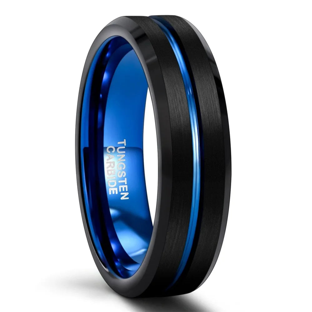 Black Tungsten Carbide Ring Thin Blue Line Inlay Fashion Jewelry Wedding Ring for Men and Women