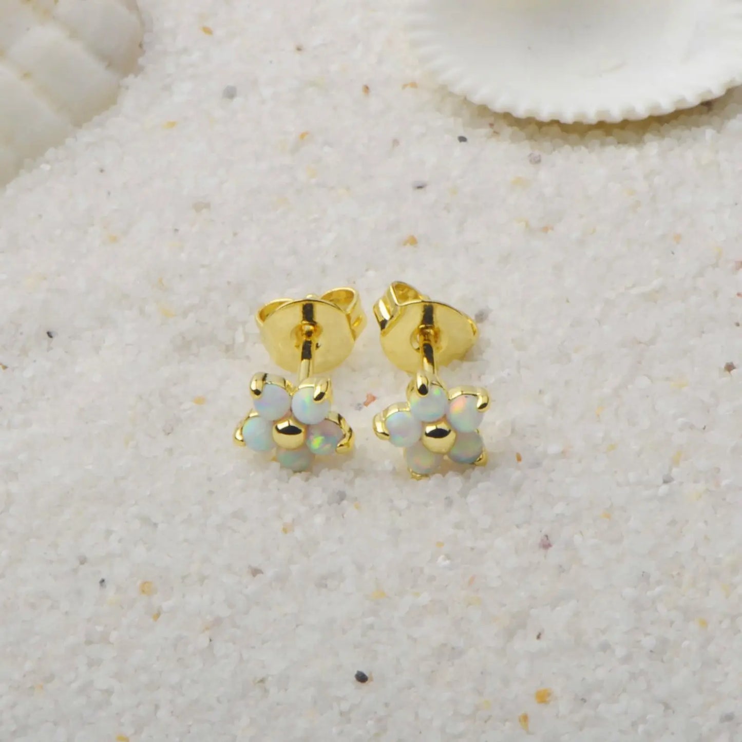 Flower Opal Stud Earrings - Blue Fire Opal Eye Detail Design | Playful Daily Jewelry Bulk Gifts