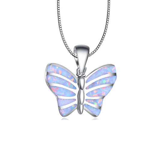 Aobao Christian White Copper Silver Plated Sweater Chain Butterfly Necklace Trendy Forest Butterfly Pendant Jewelry Opal Inlay