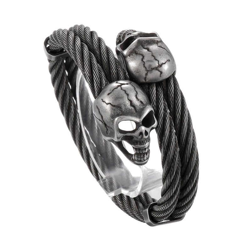 REBEL Mens Punk Stainless Steel Scar Skull Charm Rope Open Bangle Bracelet