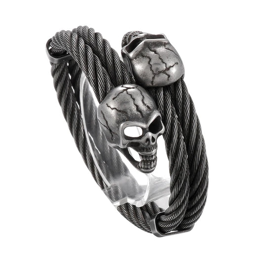 REBEL Mens Punk Stainless Steel Scar Skull Charm Rope Open Bangle Bracelet