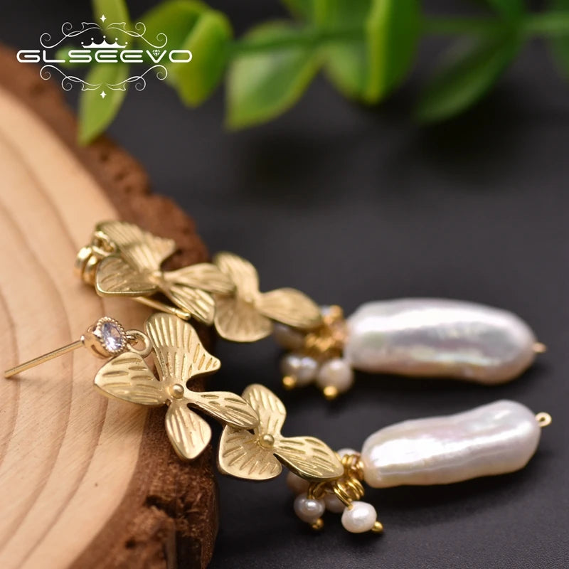 Natural Baroque Pearl Long Flower Drop Earrings for Women Wedding Engagmement Gift Handmade Jewelry Earrings Bulk