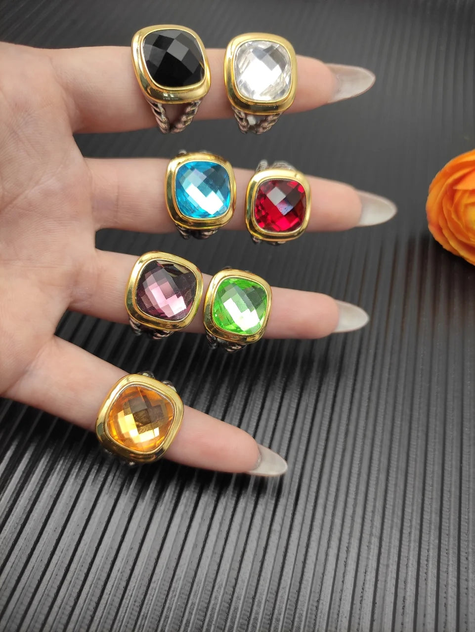 FASHIONISTA DY High-Quality Silver-Plated 14mm Square Diamond-Set Ring, Gold-Plated Colored Gemstone-Set Ring, Jewelry