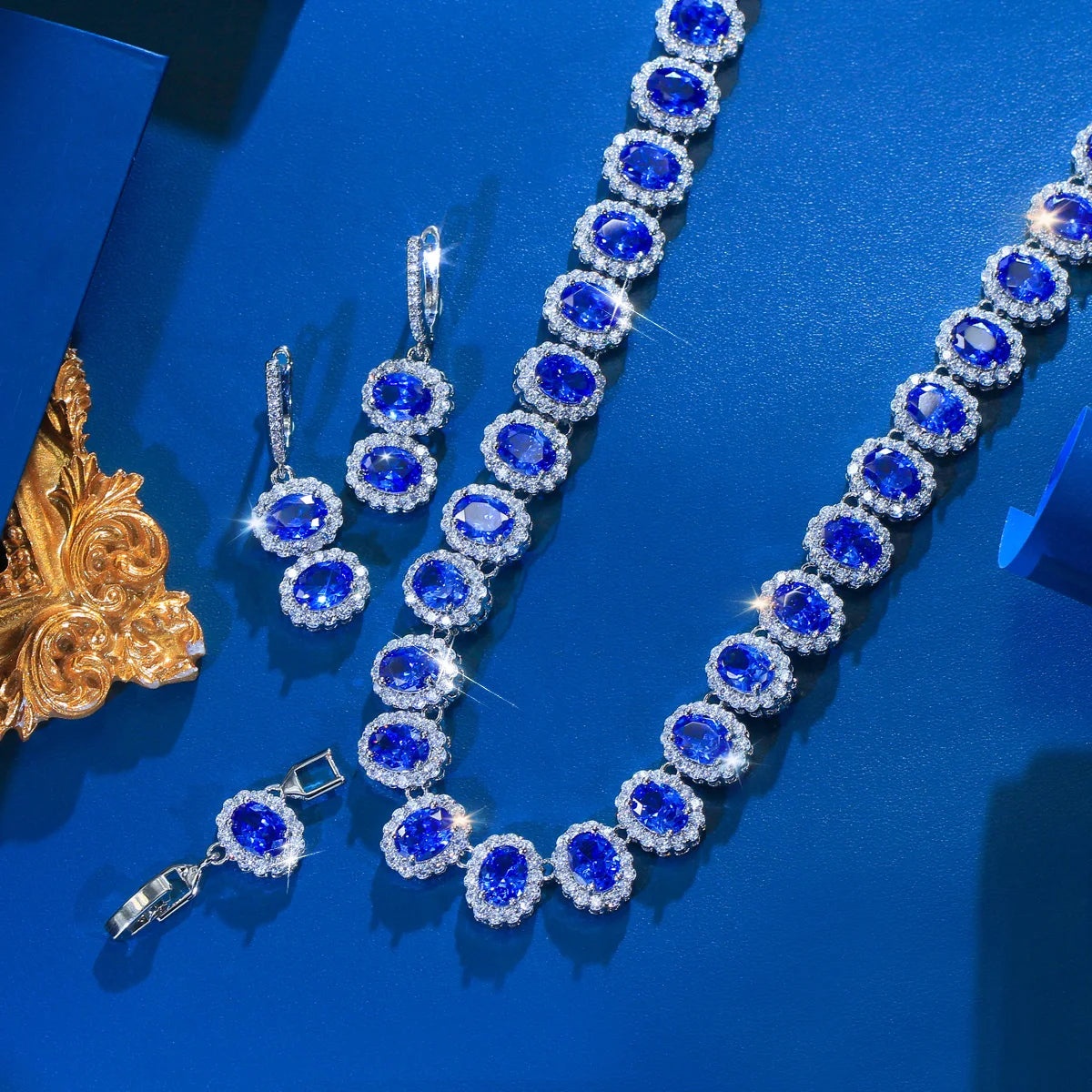 Tanzanite Oval CZ Jewelry Set Necklace Huggie Dangle Earrings Rhodium Plated Cubic Zirconia Bridal Women Wedding Jewelry Set