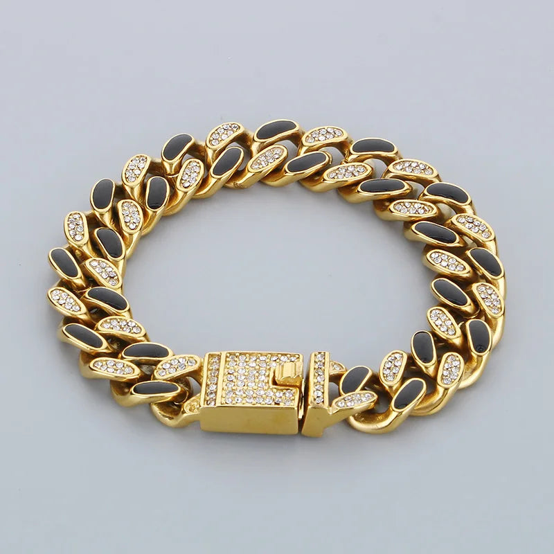 REBEL Unisex Hip-hop 205mm Stainless Steel&Rhinestones Cuban Links Bracelet