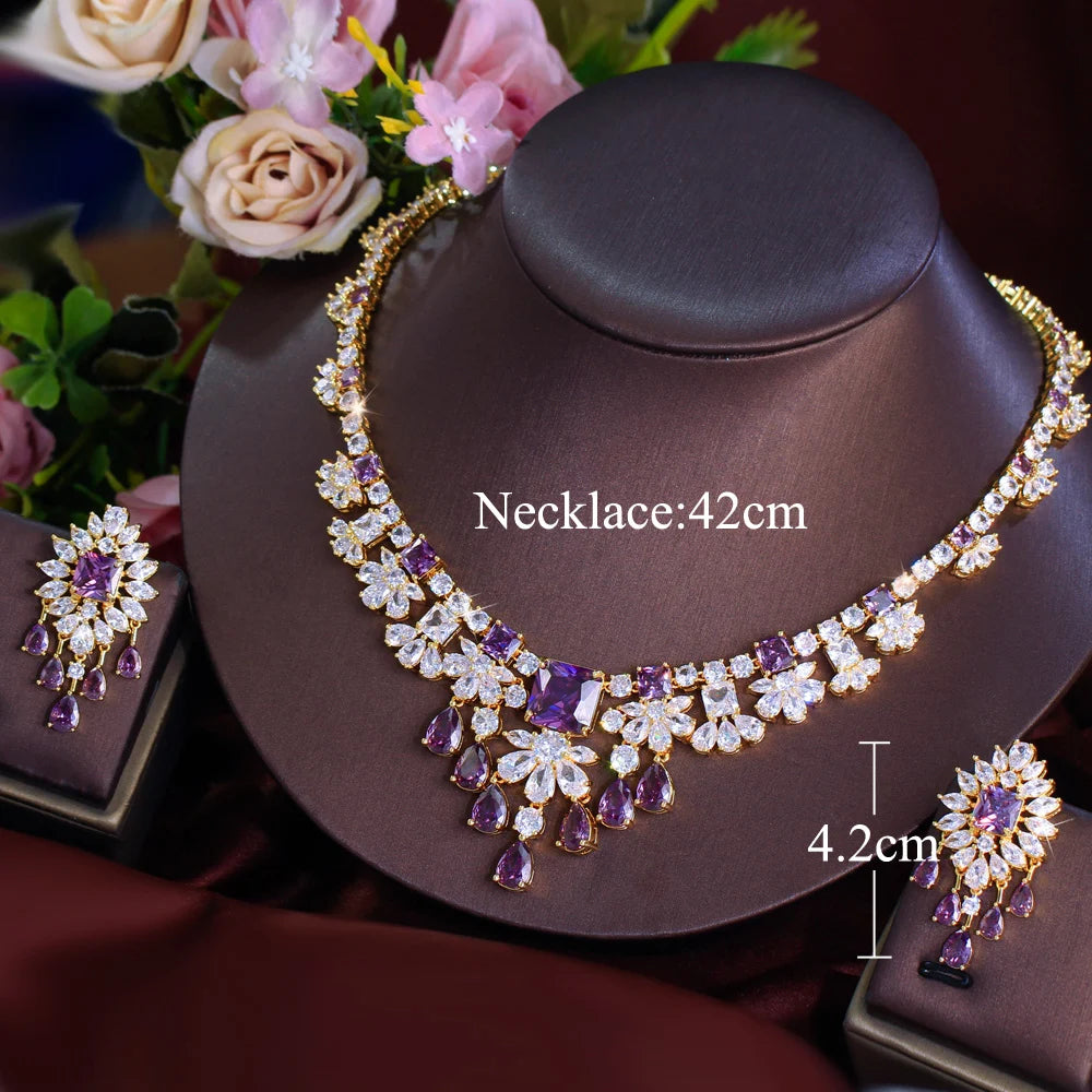 Luxury Purple and White Cubic Zirconia  Big Necklace Earrings Italian Dubai 18k Gold Plated Bridal Jewelry Set for Women Wedding