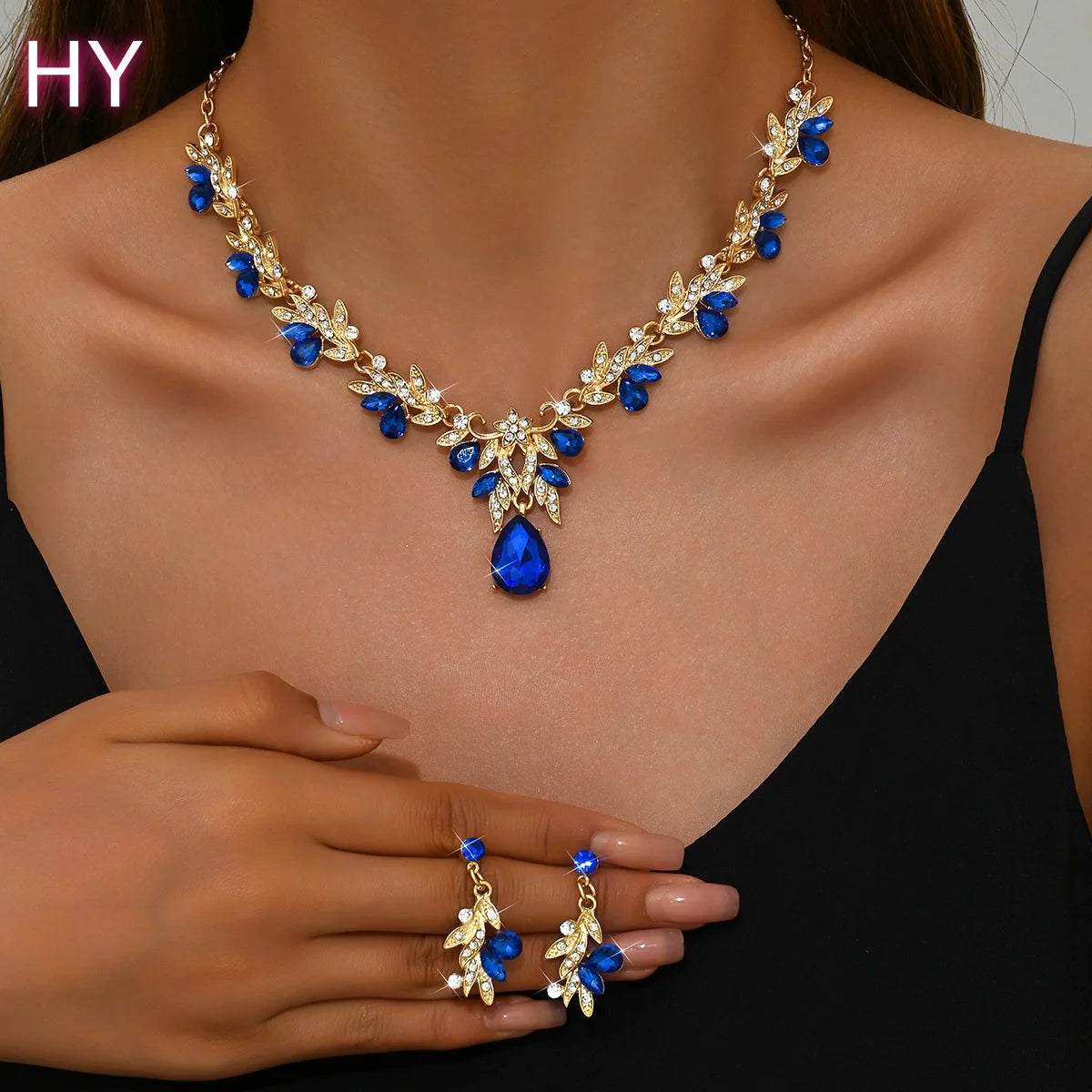 HY Women's Fashion Gold-Plated Bridal Jewelry Sets Rhinestone Crystal Wedding Necklaces Earrings for Parties Engagements Wedding