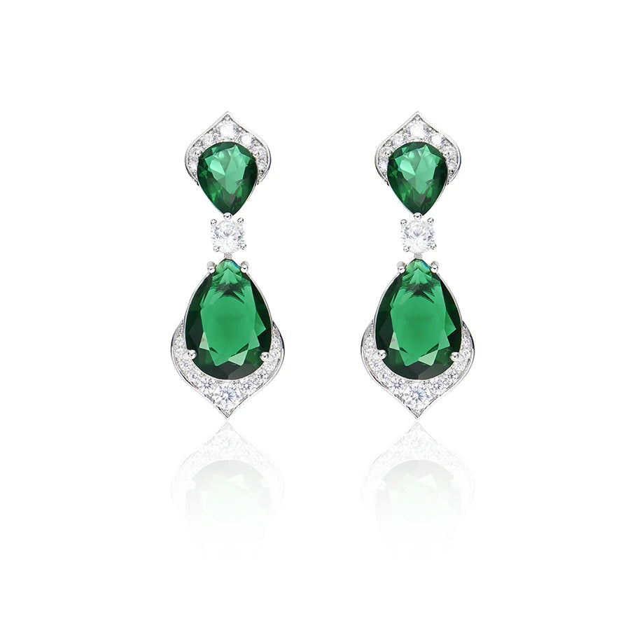 Luxury Women's Brass Necklace Earrings and Ring Three Piece Set  Water Droplet Green Zirconia Banquet and Wedding Accessories