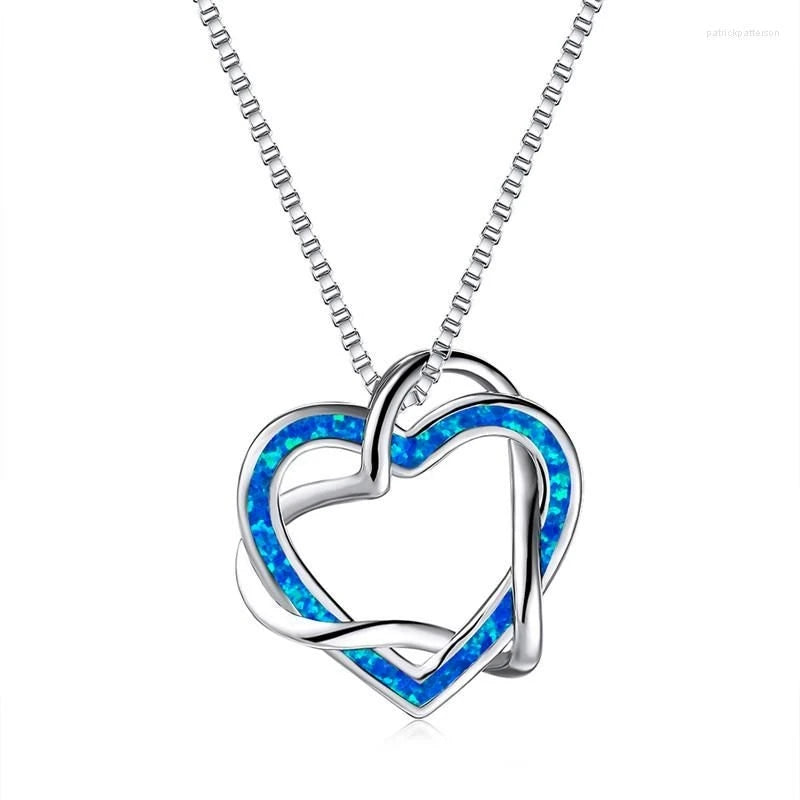 Eternal Intertwined Heart Copper Silver Plated Lariat Opal Pendant-Blue Fire Opal Inlaid Double Heart Design | Romantic Love