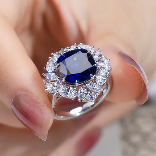 Messi Jewelry MSR-951 S925 Lab Sapphire Cushion Cut Ring Flower Design Engagement Ring  Wedding Band Classic  Gift Band