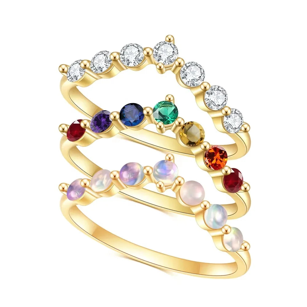 ArtistA V Shape Seven Stone Minimalistic Simple Stackable 925 Sterling Silver CZ Opal Multi Gemstone Ring Bands