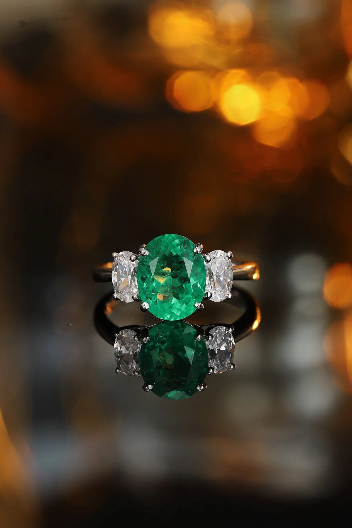 Gemfiori Vintage 3 Stone Emerald Cut Lab Grown Emerald Engagement Ring Rhodium Plated 925 Silver for Women Gift Party Wedding