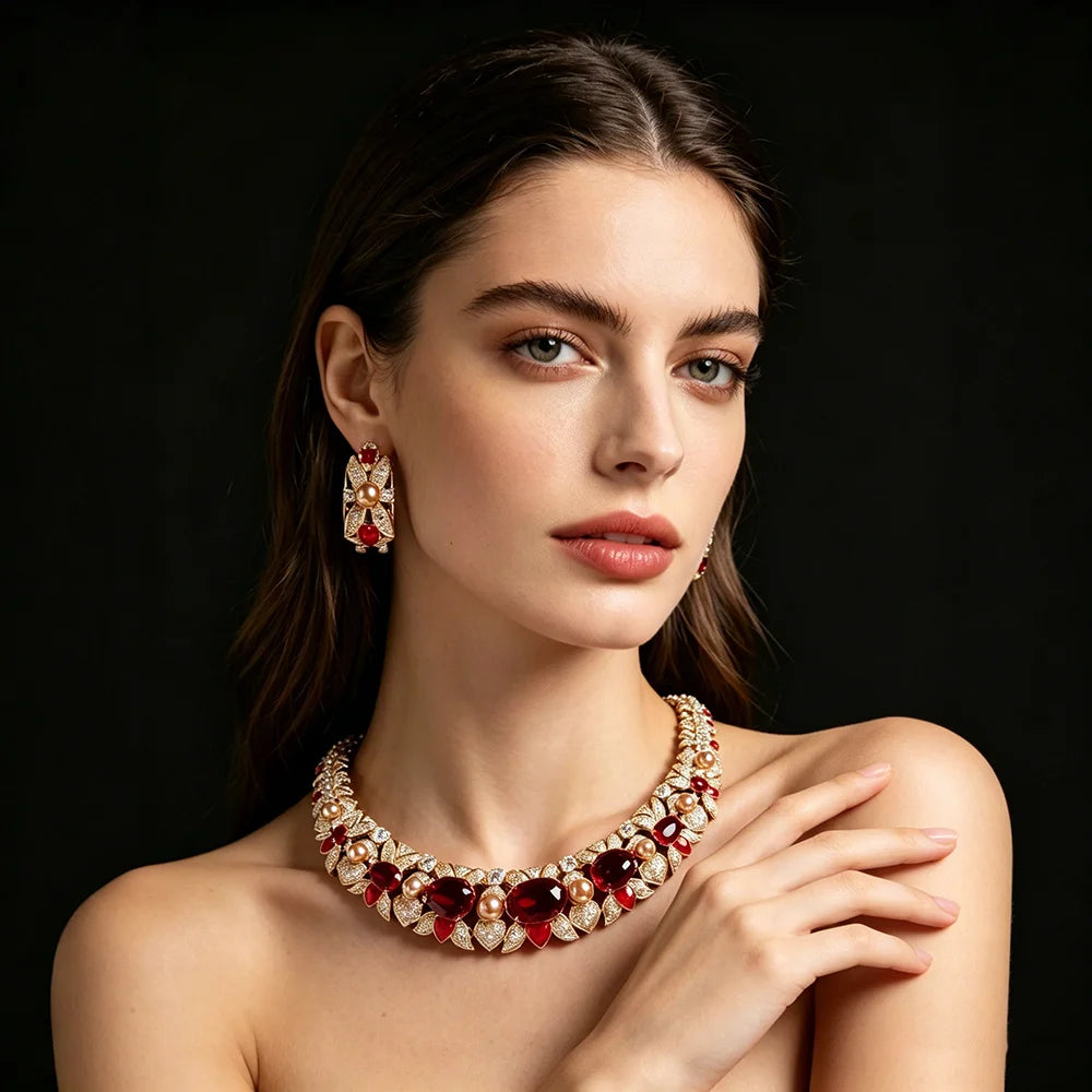 XM S301 Oval Cut Zircon & Pearl Statement Necklace & Earrings Set