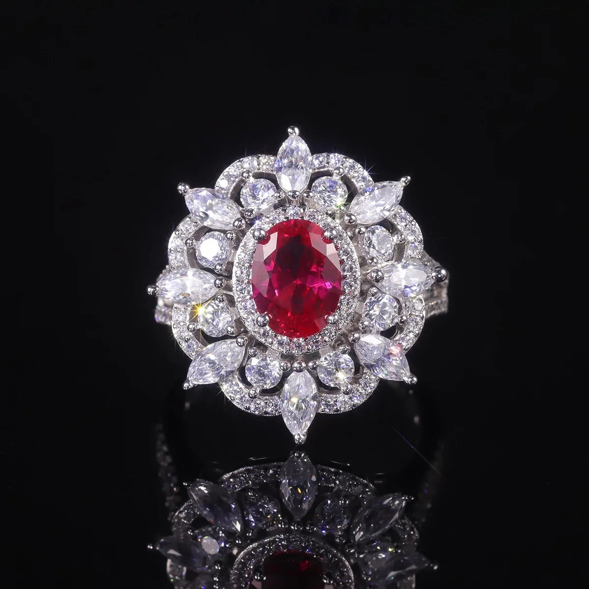 Gemfiori AR013 Abiding Luxury Vintage Cubic Zirconia 925 Sterling Silver Ice Cut Lab Grown Ruby White CZ Flower Anniversary Ring