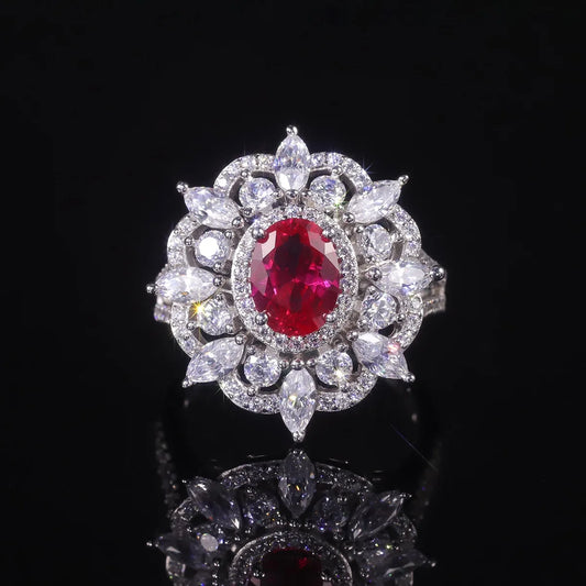 Gemfiori AR013 Abiding Luxury Vintage Cubic Zirconia 925 Sterling Silver Ice Cut Lab Grown Ruby White CZ Flower Anniversary Ring
