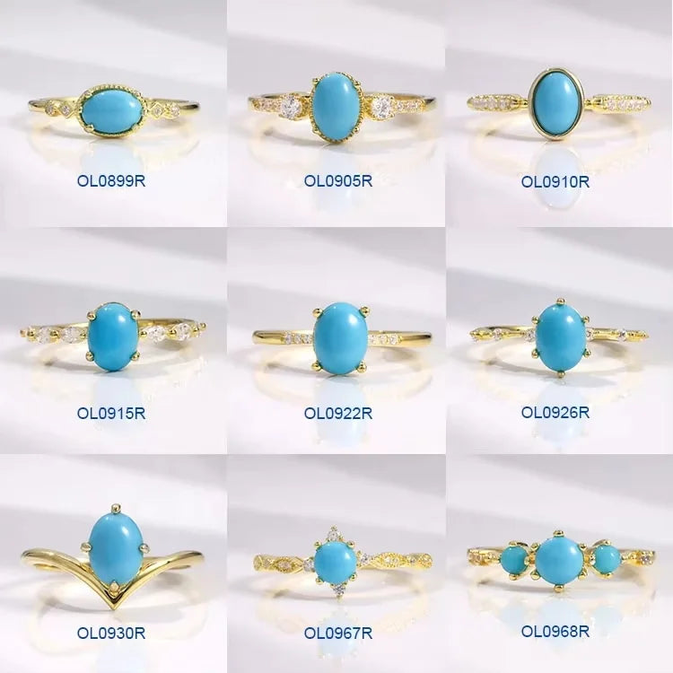 Gemfiori Abiding Classic Design 925 Silver Yellow Gold Plated Turquoise Rings Stacking Synthetic Gemstone Turquoise Ring in Stock