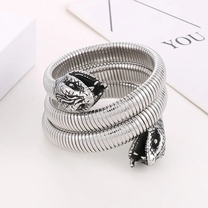 REBEL Vintage Elastic Stainless Steel Cuff Snake Bangle Bracelet for Men and Women