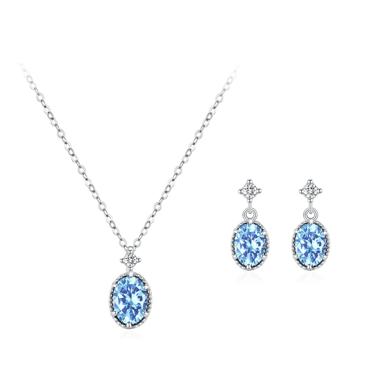 S925 Sterling Silver Dreamy Sea Blue Oval Zircon Necklace Earrings Jewelry Set | Party Birthday Gift 2-Piece Set for Women