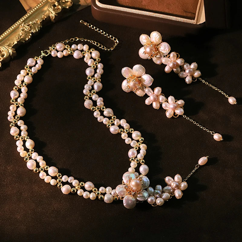 Natural Pearl Flower Necklace and Earrings Set Luxurious Design High-Quality Set for Banquet Wedding Women's Jewelry GS0227