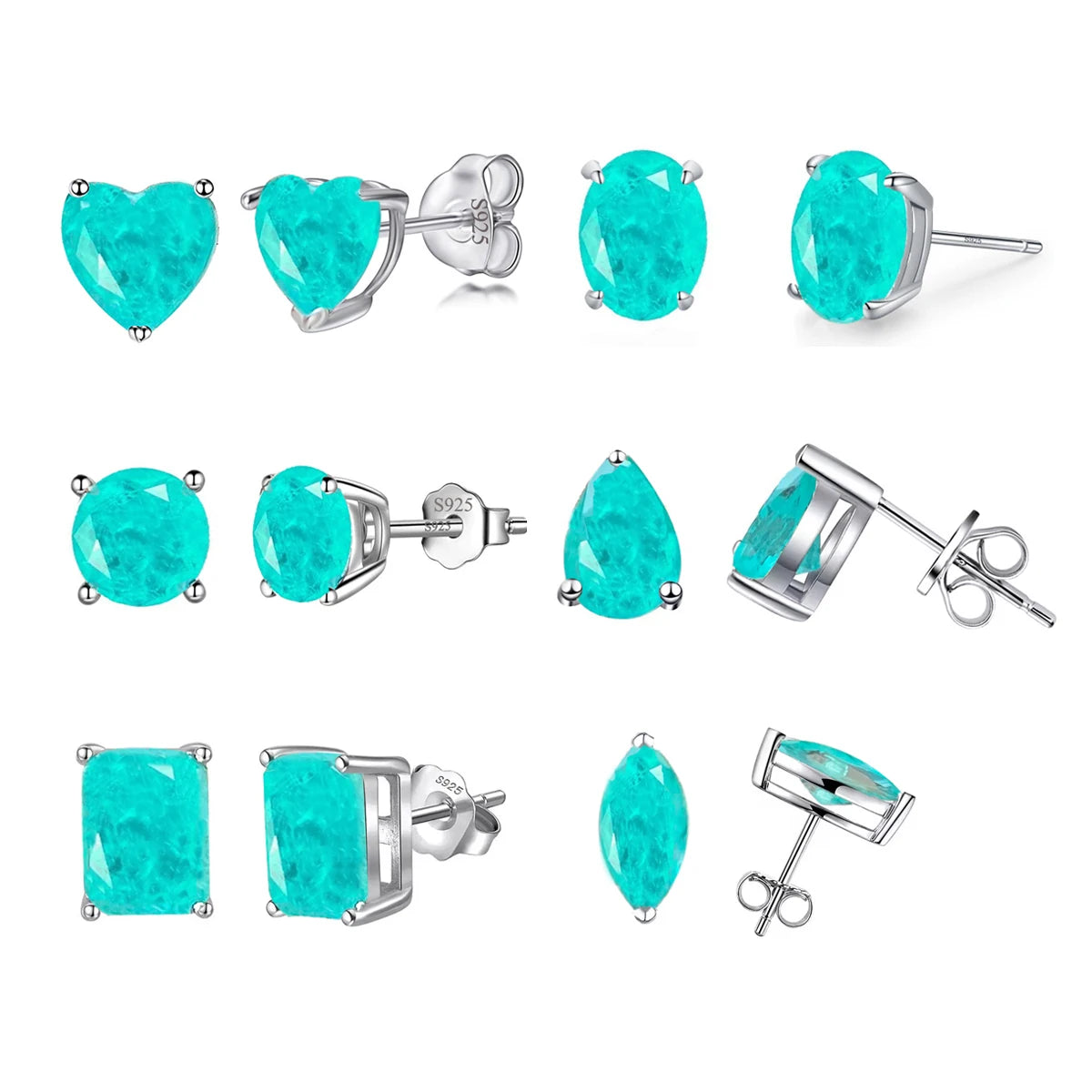 S&S 925 Sterling Silver Paraiba-Style CZ Stud Earrings – 6 Shapes – Collection