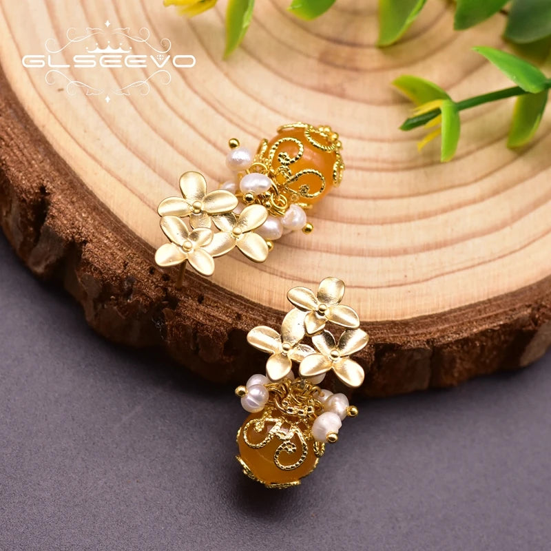 Natural Fresh Water Pearl Petals Shape Jade Drop  Earrings for Women New Fashion Vintage Wedding Yiwu Earrings Bulk Jewelry  "