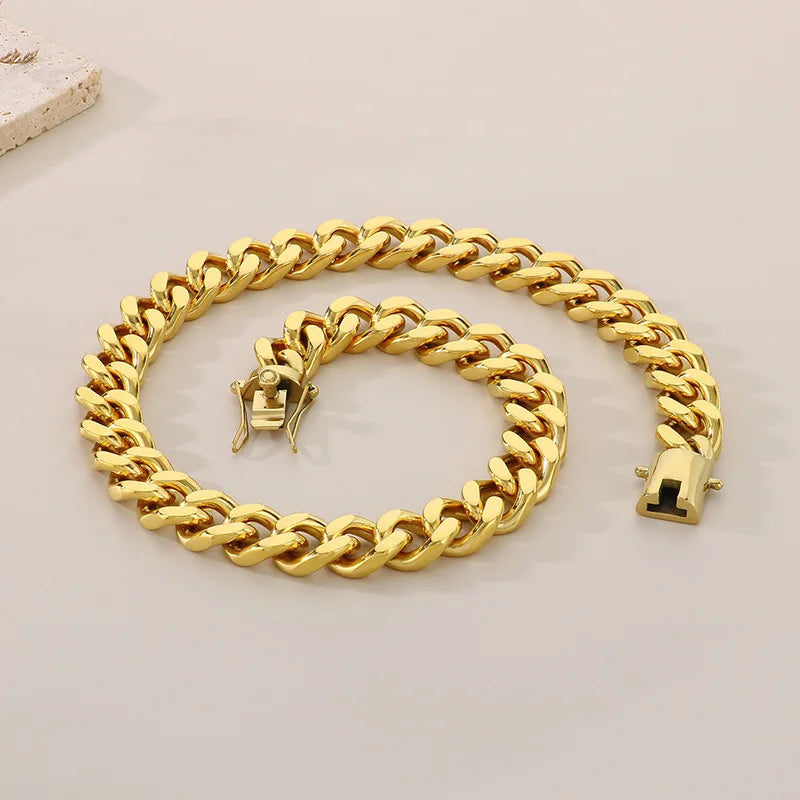 REBEL European American Hip-Hop 18K Gold-Plated 12mm Four-Sided Grind Cuban Chain Stainless Steel Fashion Necklaces