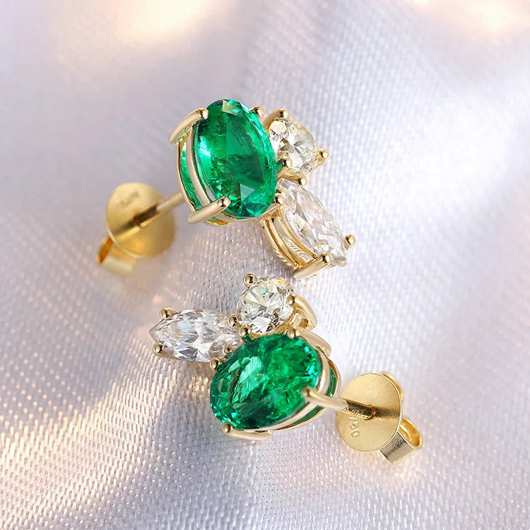 Gemfiori Anster Luxury Jewelry 14k Gold White 1.1 Ct Lab Grown Cvd Vvs Diamond Lab Emerald Stud Earrings for Gift