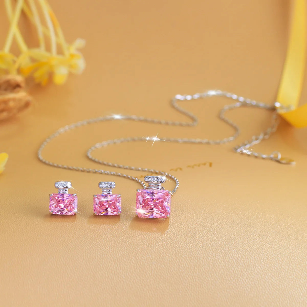 925 Sterling Silver Pink Zirconia Diamond Perfume Bottle Pendant Necklace Earrings Sets Luxury 2pcs Jewelry Sets Wedding Gift