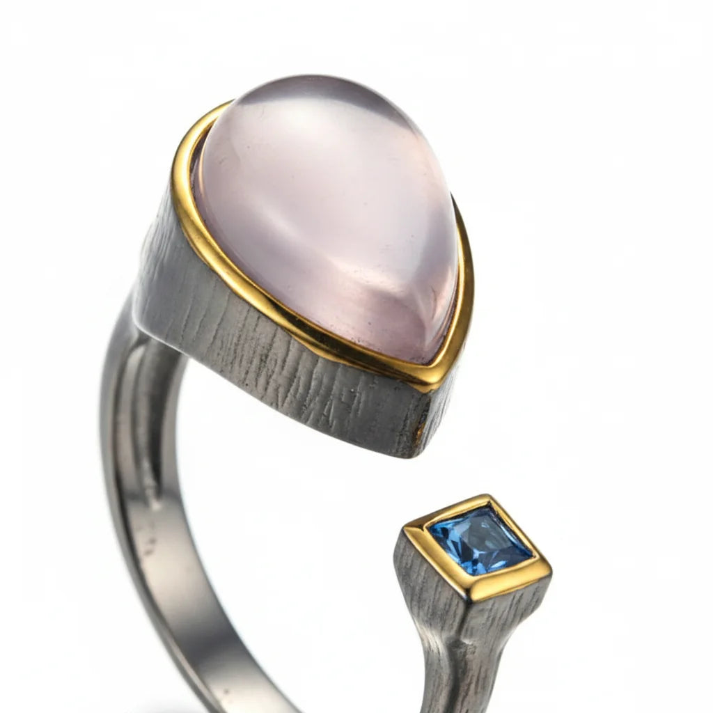 China Wholesale Silver Jewellery Handmade Ring 925 Sterling Silver Heart-shaped Rose Quartz Ring Designs for Girl