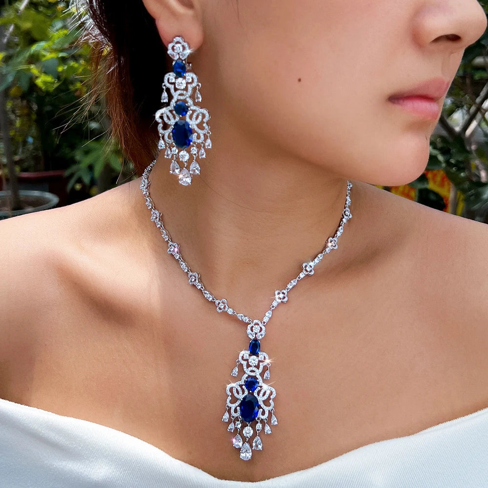 Top Quality Royal Blue Cubic Zirconia African Long Big Statement Necklace Earrings 2Pcs Sets for Women Evening Party Jewelry