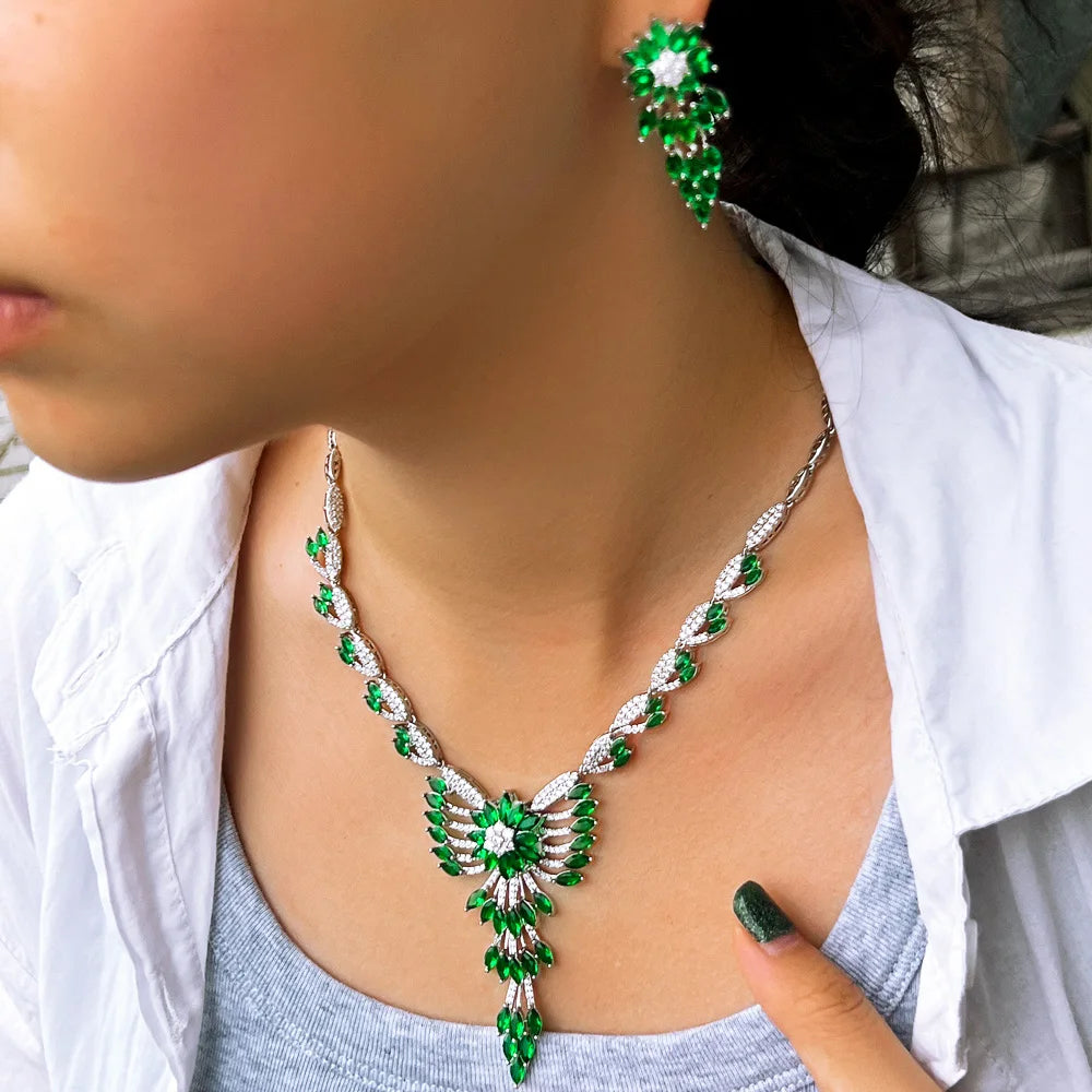 Wholesale Women Luxury Jewelry Cubic Zirconia Stone Paved Necklace and Drop Earrings Bridal Green Jewelry Set for Wedding