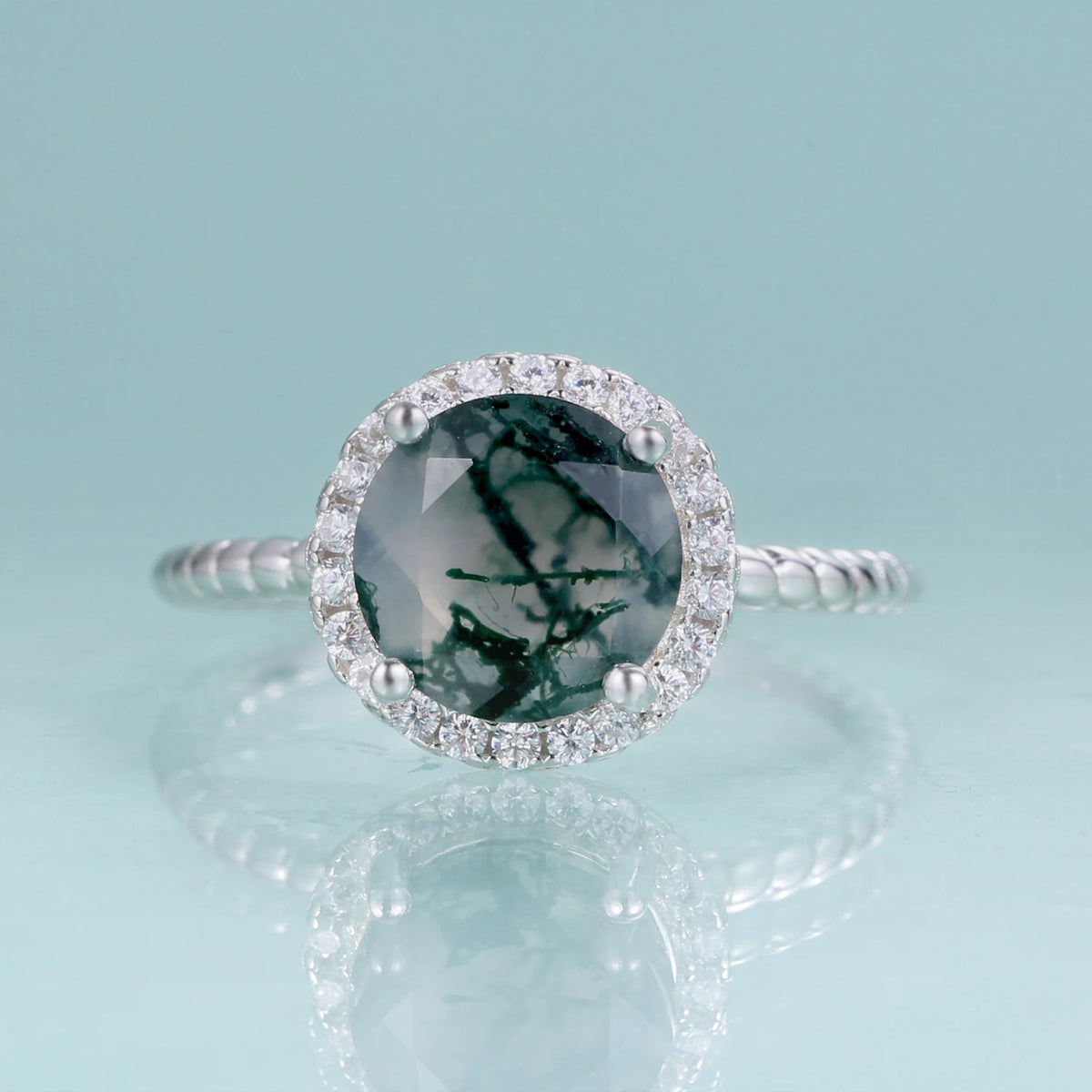 ArtistA Abiding Plated Silver 925 Natural Stone Ring Fancy Cut Natural Inspired Moss Agate Engagement Ring for Anniversary Bridal
