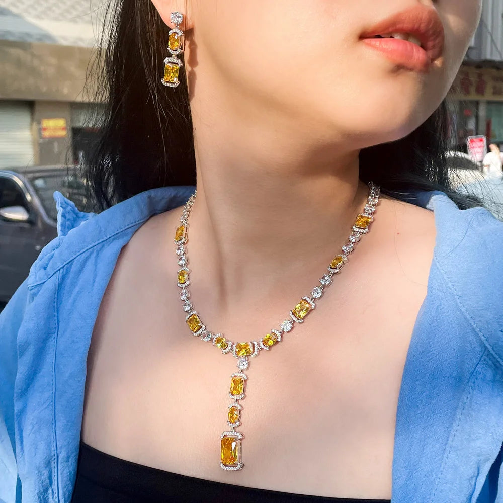 Sparkling Multi Color Cubic Zirconia Big Long Dangle Drop Party Wedding Necklace Bridal Jewelry Sets Dress Accessories