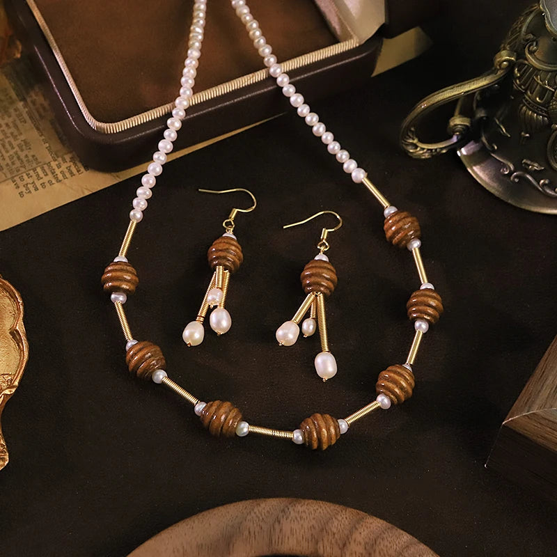 Vintage Style Natural Freshwater Pearl Wood Bead Jewelry Set for Women Daily Wear Dating Party Pearl Jewelry Set Dainty Jewelry