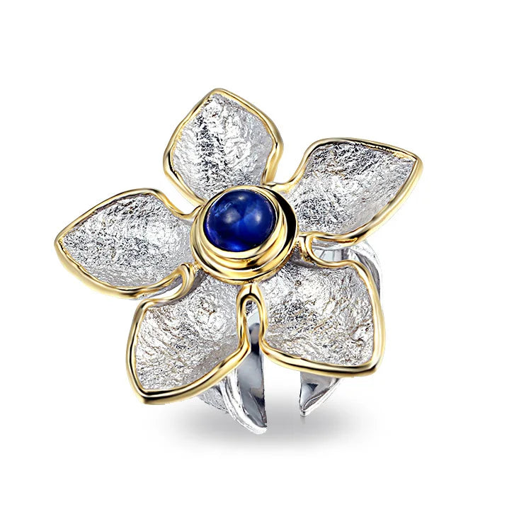 Nature Blue Glass Handmade 925 Sterling Silver Ring Jewelry with Gold Plated