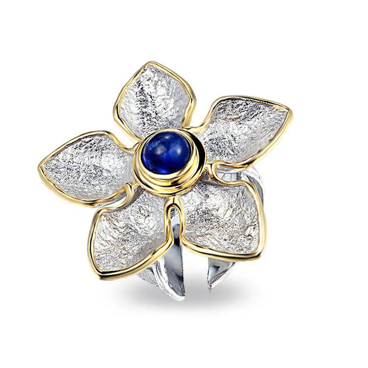 Nature Blue Glass Handmade 925 Sterling Silver Ring Jewelry with Gold Plated