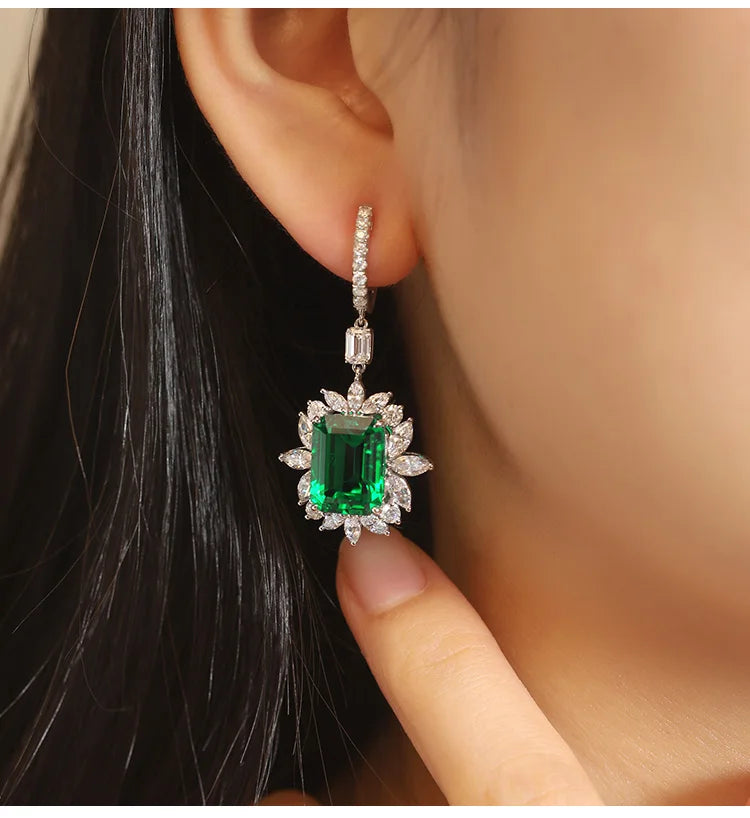 Gemfiori Handmade Vintage High-End K Solid Gold Dangle Drop Earrings Emerald Cut Emerald Statement Studs for Women for Anniversaries