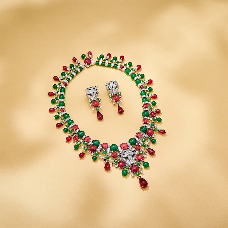 Leopard Print Enamel & Zircon Bead Necklace & Earrings Set