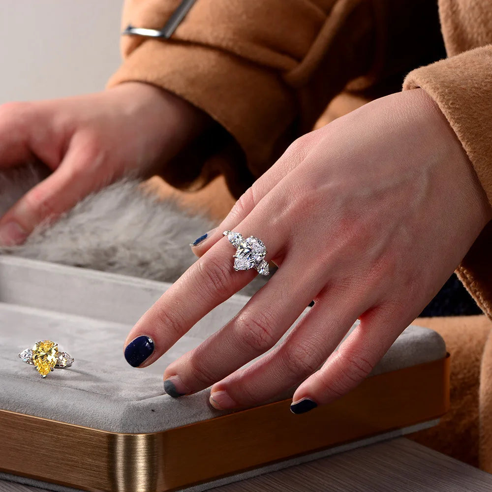 MUSHAN Jewelry Factory S925 Silver European and American Water Drop 10*14 High Carbon Diamond 6 Carat Simple and Individual Ring