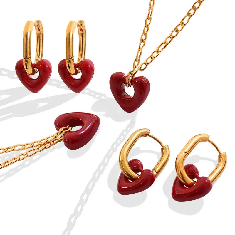 Hollow Heart Hoop Earrings & Necklace | Korean Sweet-Cool Natural Stone Gold Fashion Jewellery