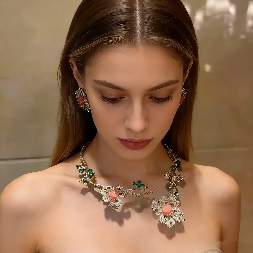 XM S207 Platinum Plated Princess Cut Zircon Floral Statement Necklace & Drop Earrings Bridal Set