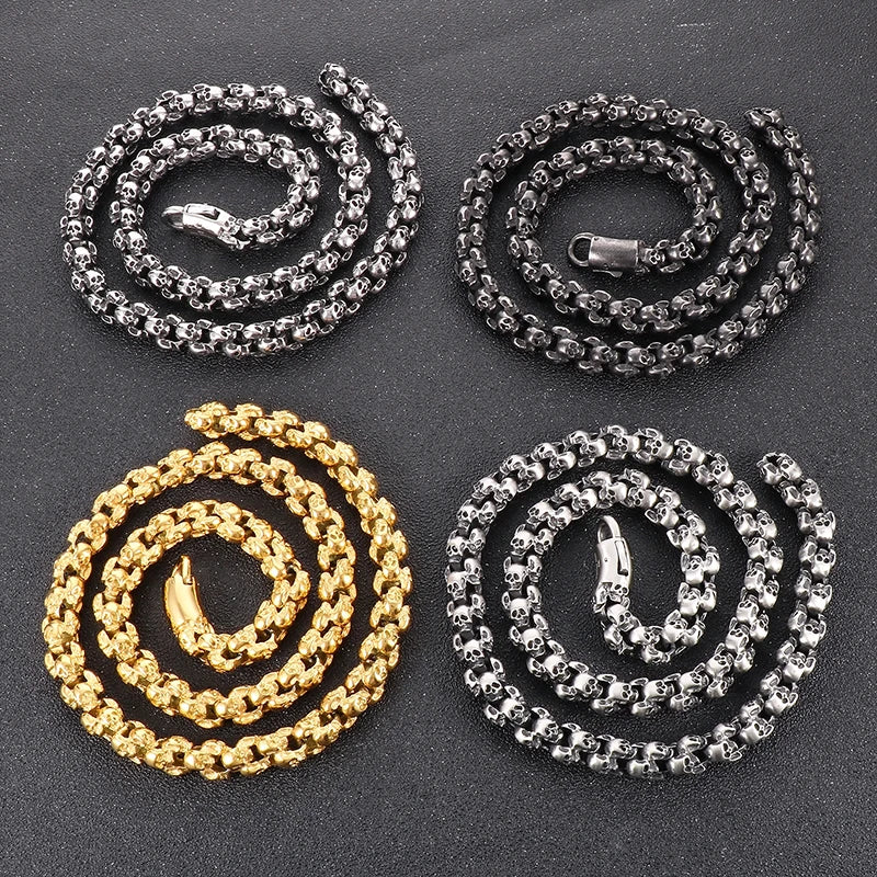 REBEL Men 650mm Punk Gold/Silver/Black Stainless Steel Skull Links Necklace