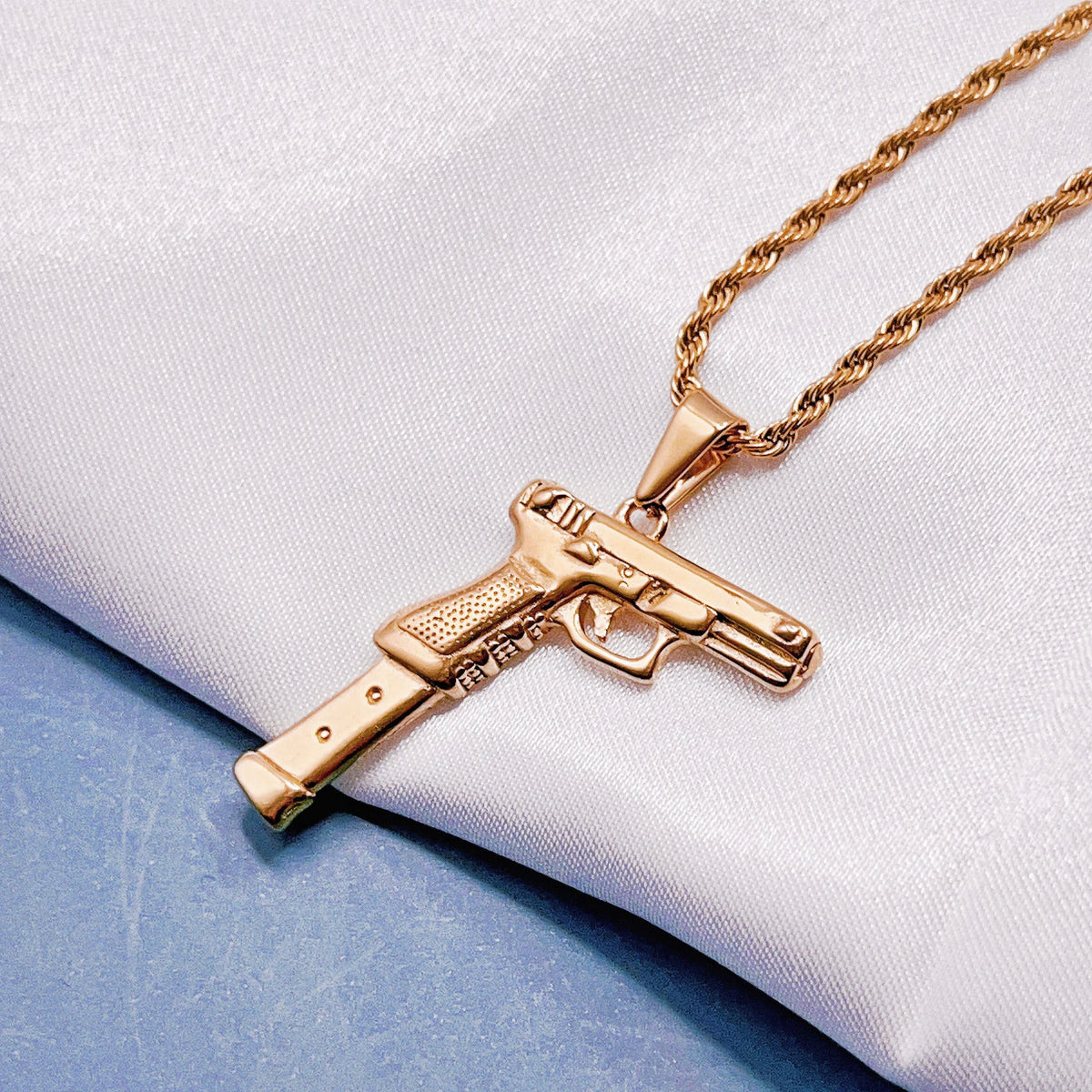 BiG-BOSS Trendy Necklace Stainless Steel 18k Gold Plated Rose Gun Pendant Rope Chain Men Hiphops Hand Gun Pendant Maxi Necklace