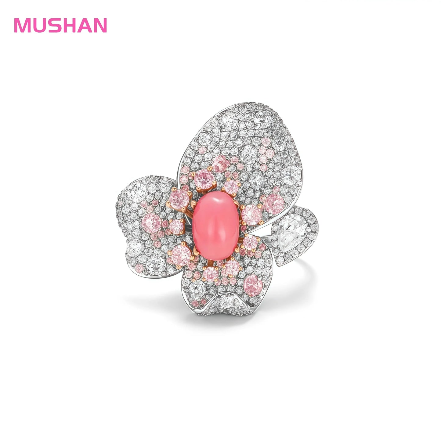 MUSHAN Jewelry Factory Luxury Designer 925 Sterling Silver Ring Women High Carbon Diamond Flower Pink Gemstones Rings Jewelry