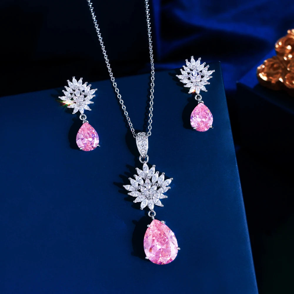 Gorgeous Pear Cut Cubic Zirconia Necklace and Earrings Engagement Pink Pendant Jewelry Set for Women Dairy Wear Accessories