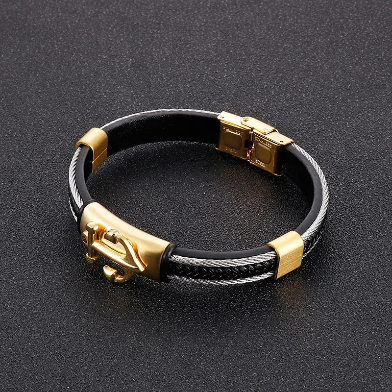 VIKING Mens Punk Stainless Steel & Cowhide Leather Anchor Bracelet