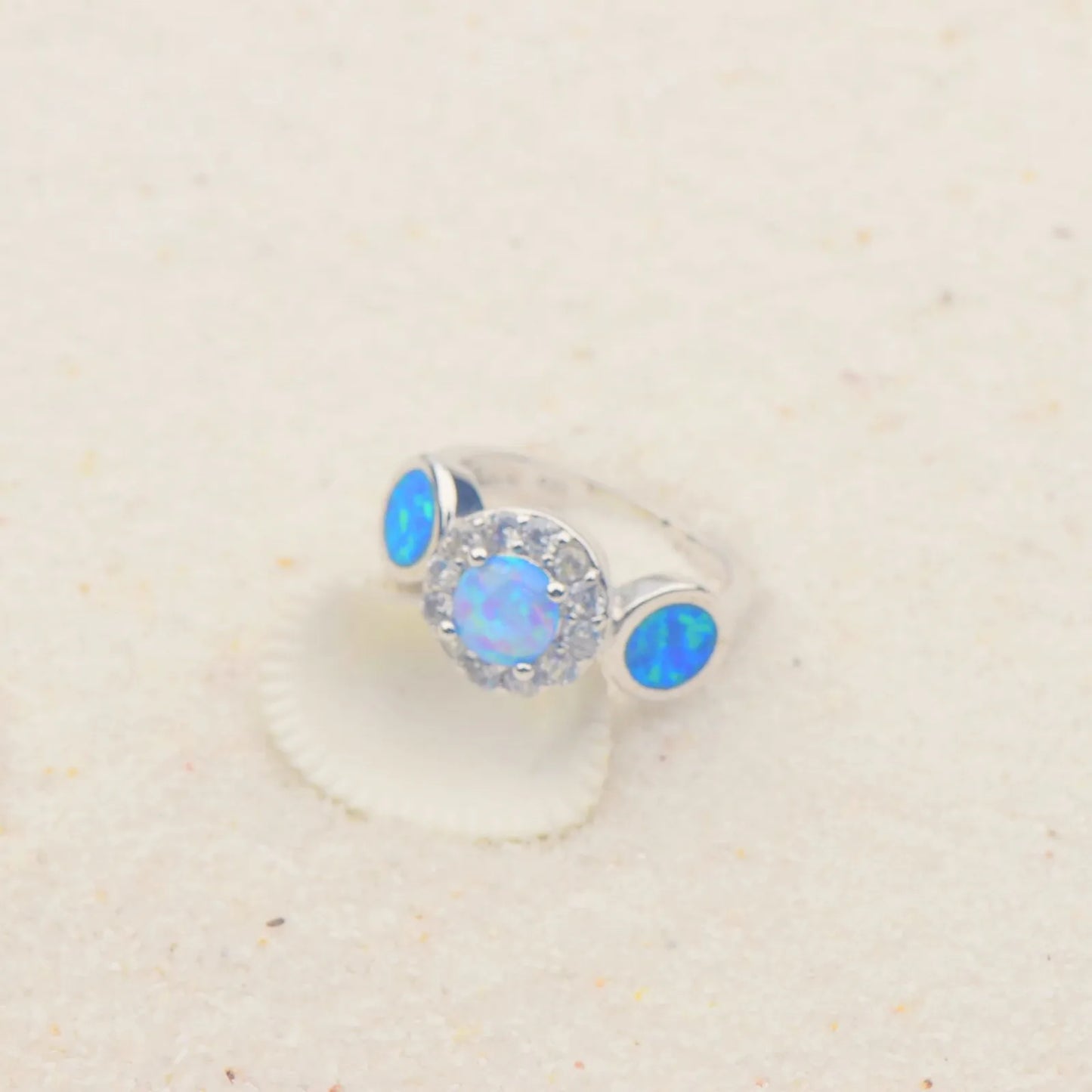 Flower Blue Opal Circle Ring | Iridescent Gem Inlay Band | Nature-Inspired Fashion Jewelry for Women Trendy Wear