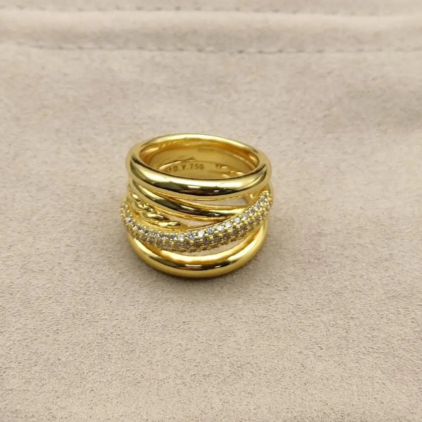 FASHIONISTA DY High-Quality Silver-Plated 17.5mm Five-Strand Cross Diamond Ring, Gold-Plated Diamond Ring, Jewelry
